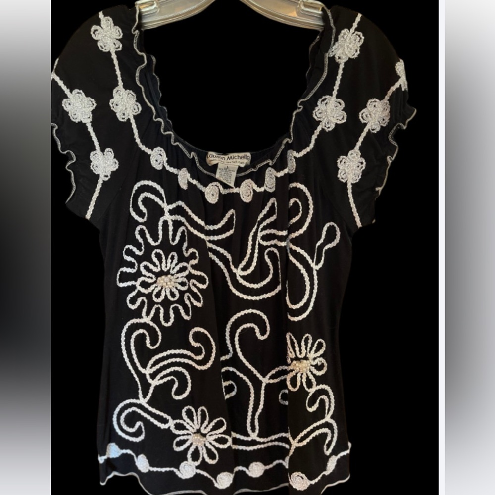 Lauren Michelle Black Blouse with White Embroidered Floral Trim
